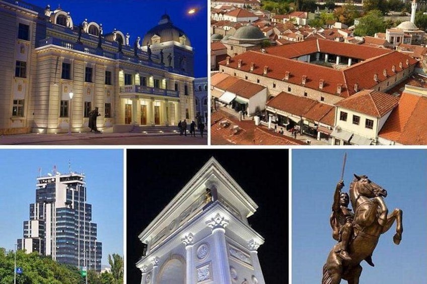A building with classical architecture, a modern skyscraper, a historical monument, and a statue. 1