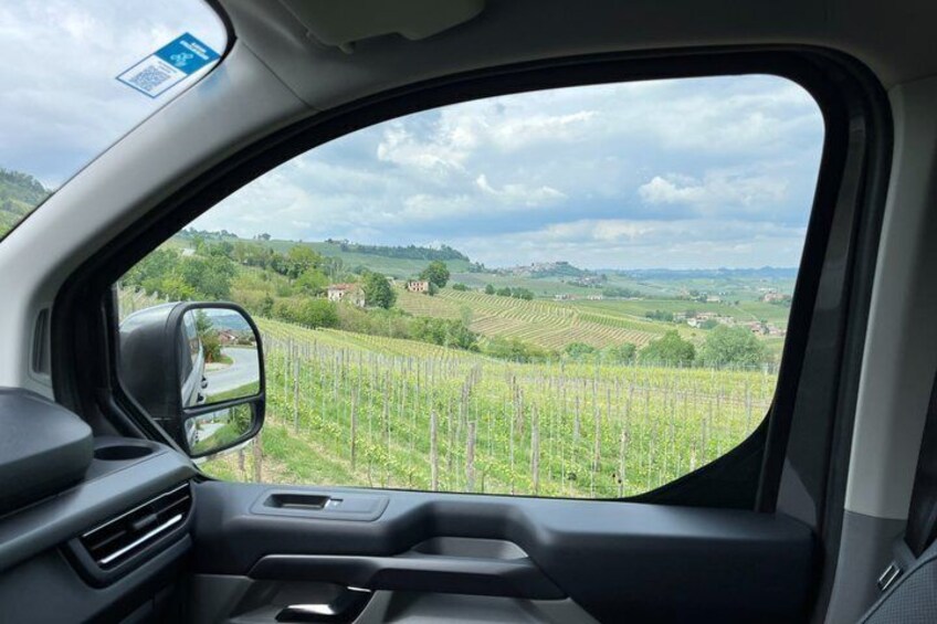 L'intérieur d'une voiture, avec vue sur un vignoble par la fenêtre. 2