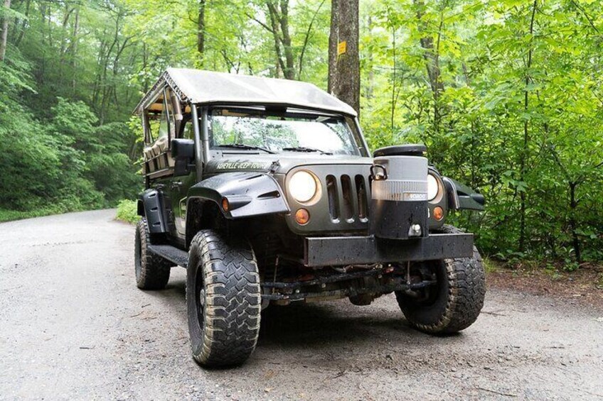 A black off-road vehicle parked on a dirt road surrounded by trees. 3