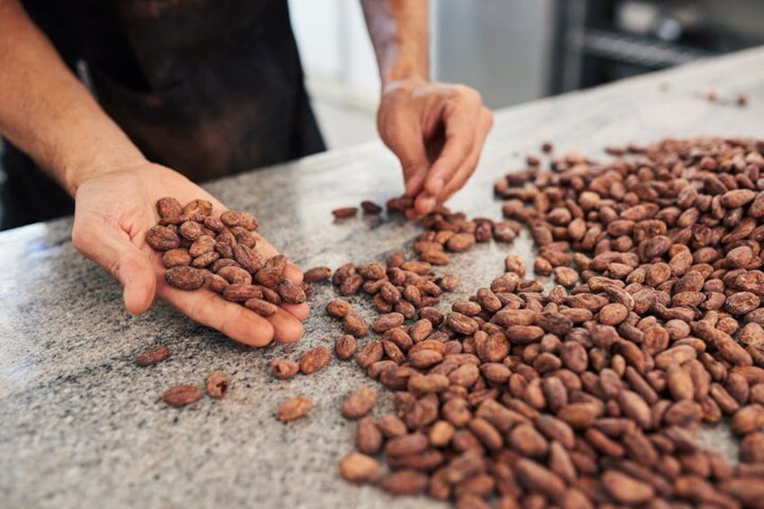 Hands holding and scattering coffee beans on a countertop. 2