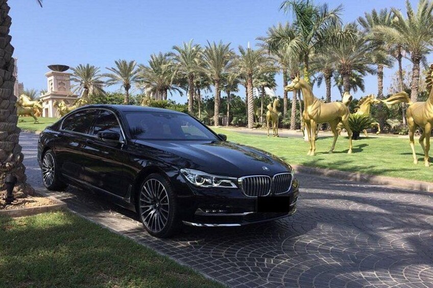 A black BMW parked on a paved area with palm trees and golden horse statues in the background. 2