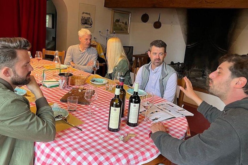 En gruppe mennesker sidder omkring et bord dækket med et ternet dug, med vinflasker og tallerkener med mad. 5
