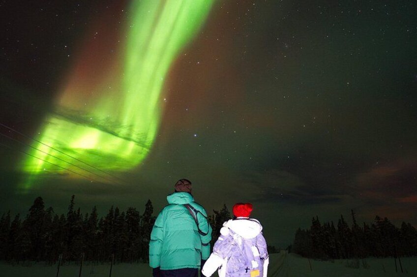 Due persone in un paesaggio innevato osservano il cielo notturno con l'aurora boreale. 3