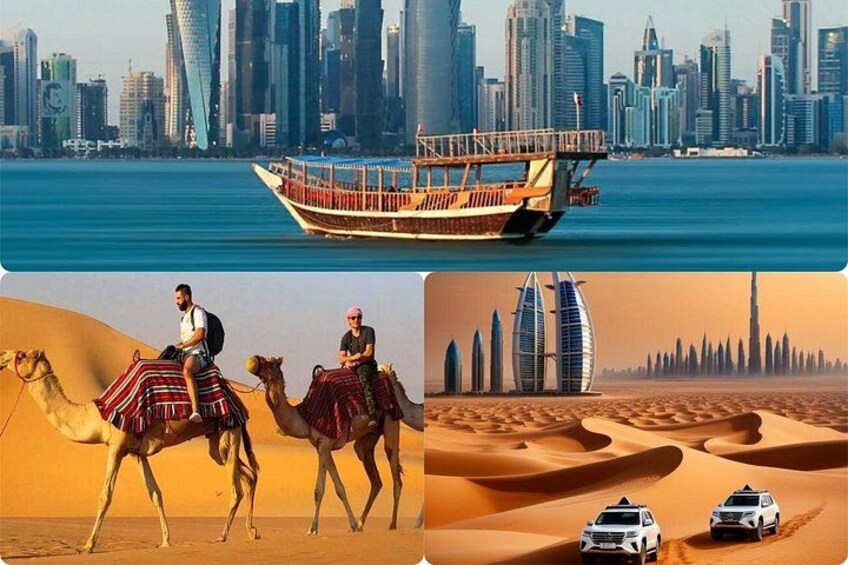 A boat on water, a city skyline, and desert scenery with camels and cars. 1
