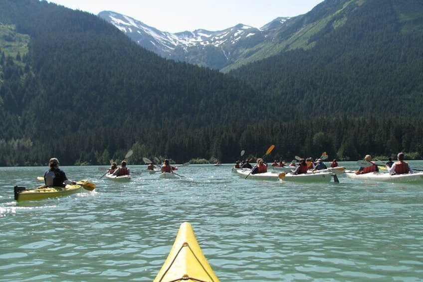 A group of people kayaking on a calm lake surrounded by forested mountains. 3
