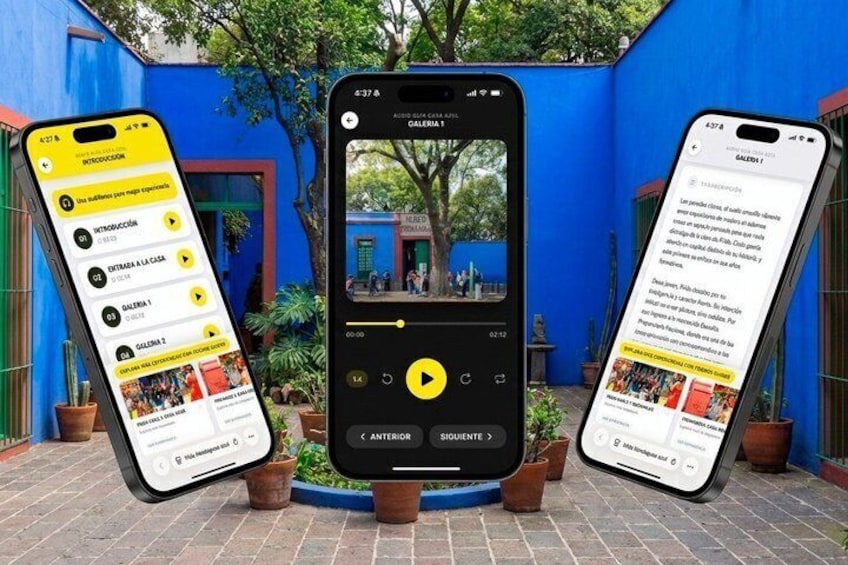 Three smartphones displaying a travel app with a courtyard scene. 3