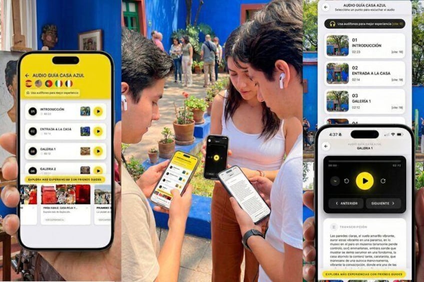 A smartphone displaying a travel app with a list of audio guides for a house and gallery. 4