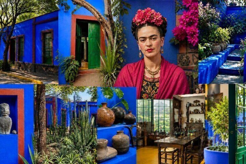 A blue house with a green door, a garden with plants, and a dining area with a table and chairs. 1
