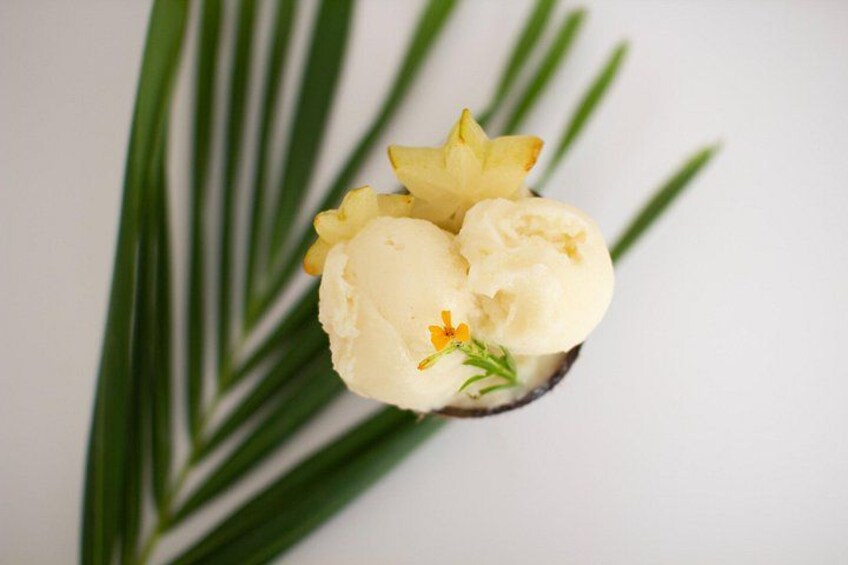 Trois boules de glace sur une surface sombre, avec des feuilles vertes et une fleur jaune. 2