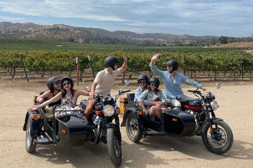 A group of people on a motorcycle with sidecars, riding through a vineyard. 1