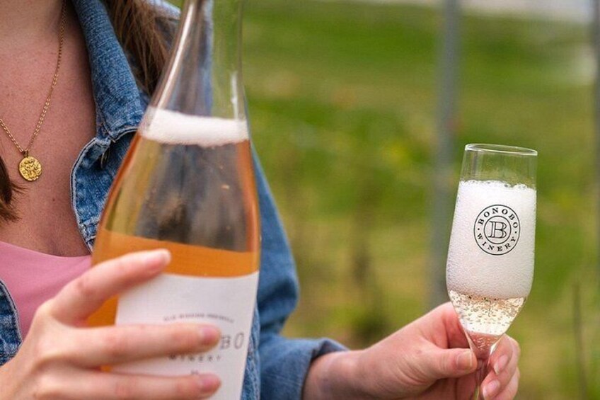 A person holding a bottle and a glass with a logo. 2