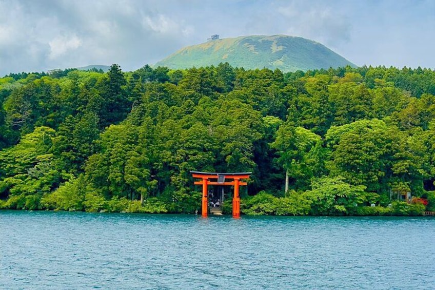 En torii-port i vattnet med en skogbeklädd kulle i bakgrunden. 5