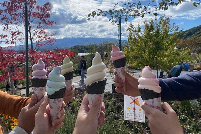 People holding ice cream cones with a scenic background of trees and mountains. 3