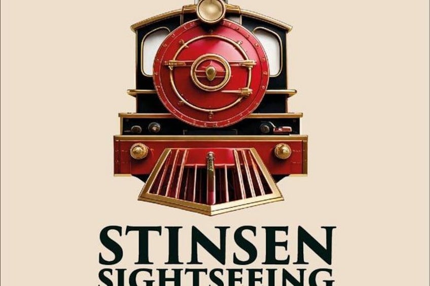 Een klassieke trein met een rood-en-goud kleurenschema en de tekst 'STINZEN SIGHTSEEING' eronder. 2