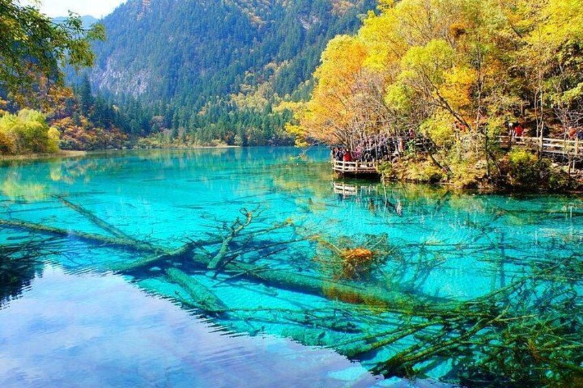 A clear lake with a wooden dock, surrounded by autumn-colored trees and a mountain in the background. 2