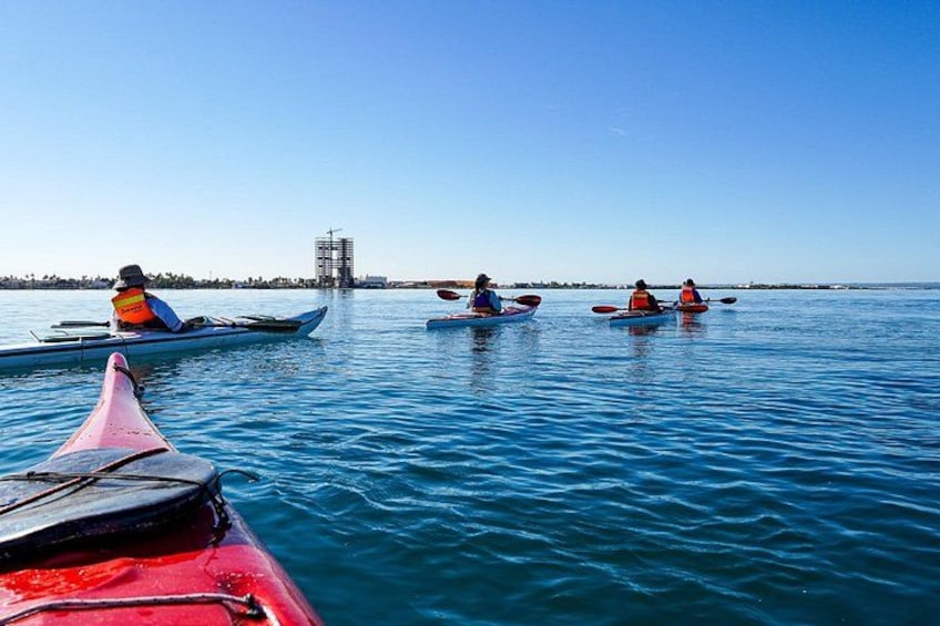 Kayakers on a calm body of water with a clear sky and distant buildings. 3