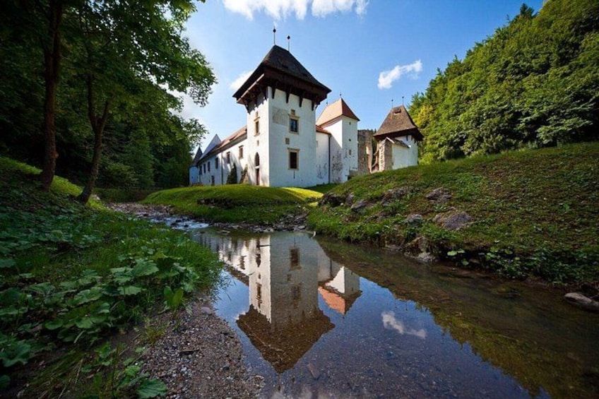 A castle with a tower, surrounded by greenery and a calm river. 2