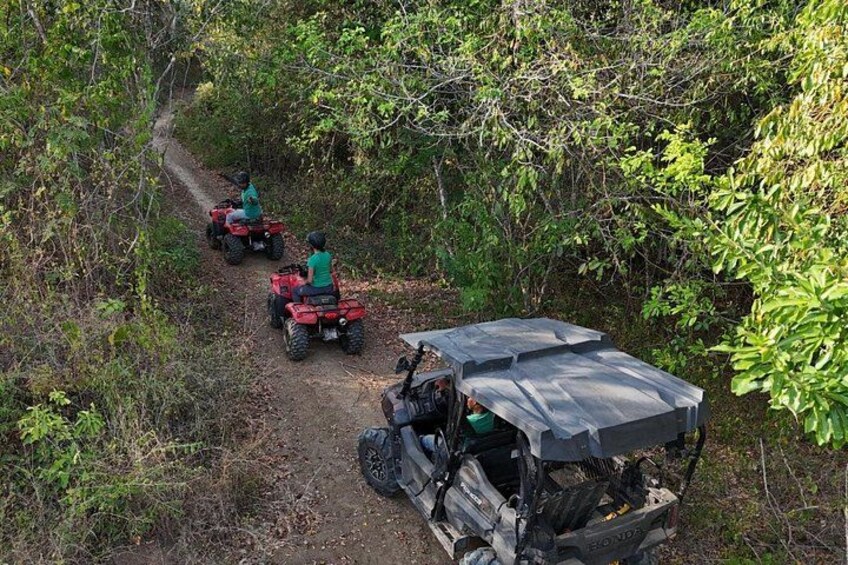Three people riding red ATVs on a dirt path through a wooded area. 1
