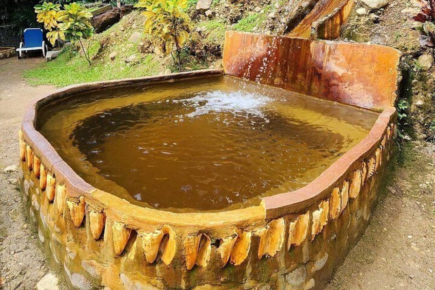 Un pozo de piedra rústico y circular, con un borde de madera, rodeado por un paisaje natural. 4