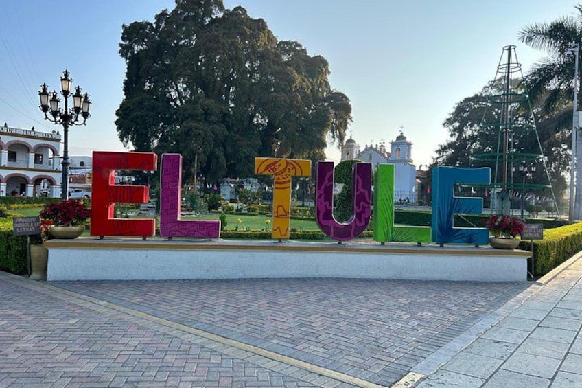 A colorful sign spelling out 'ELTULE' in a park with a large tree and lamp posts in the background. 4