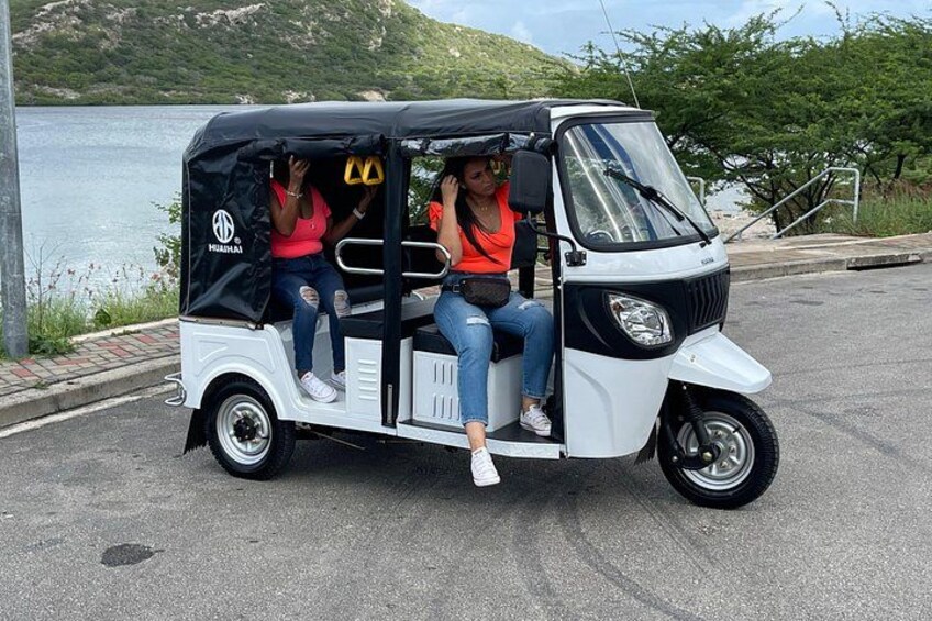 A white auto-rickshaw with two passengers, a scenic view of a lake and hills in the background. 3