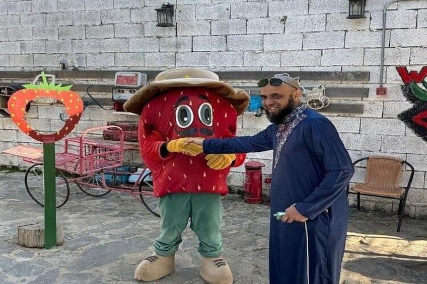 A person in a strawberry costume standing next to a red circular object with a strawberry design. 2