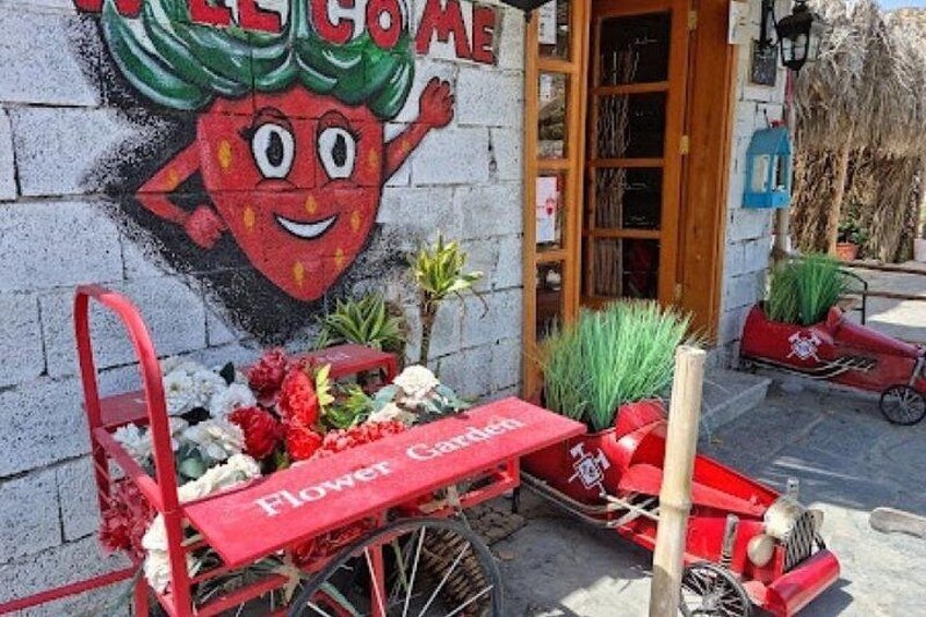 A red cart with flowers and a wall mural of a smiling strawberry character. 5