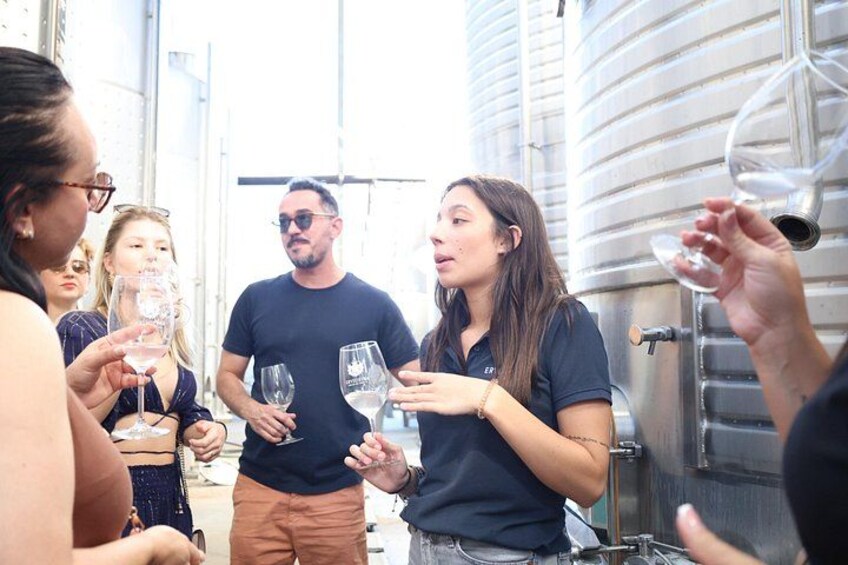 Personas sosteniendo copas de vino en un entorno de bodega, con grandes tanques de almacenamiento. 2