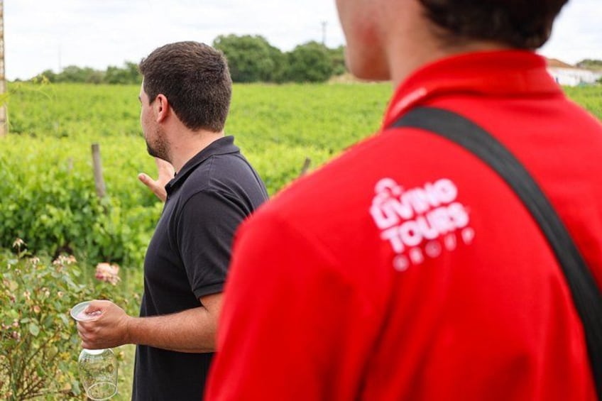 A person in a black shirt holding a glass, standing in a field with green vegetation. 2