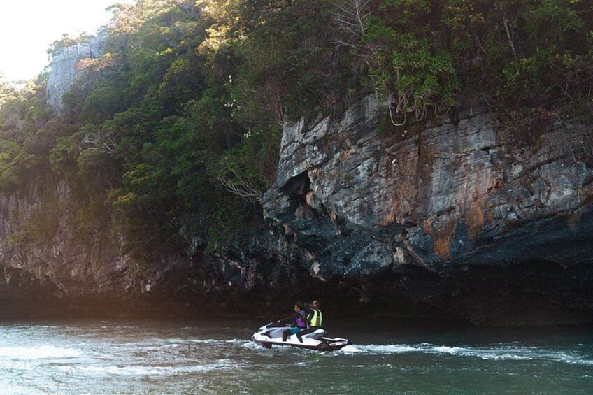 Una persona en un jet ski cerca de un acantilado rocoso con abundante vegetación. 3