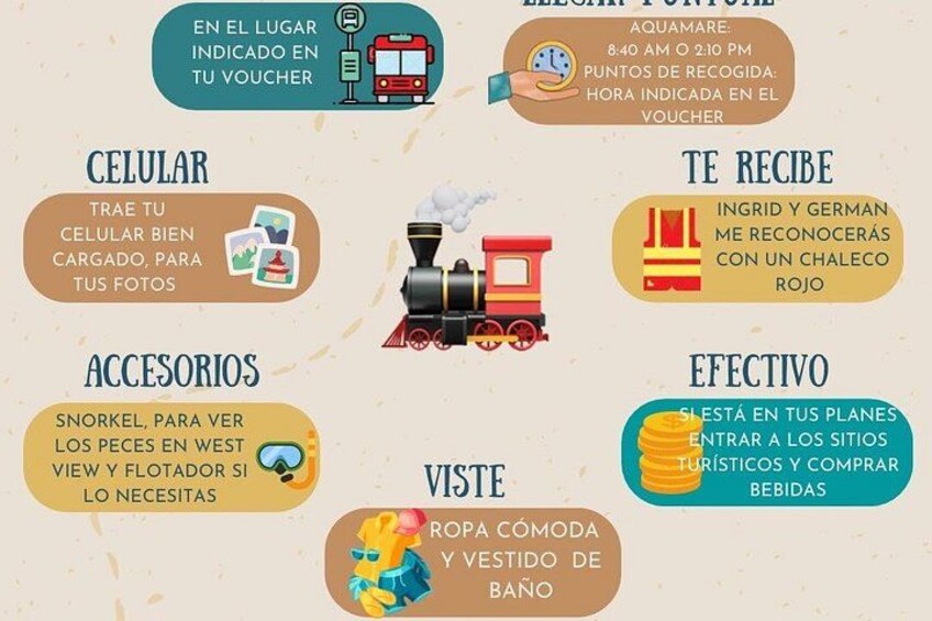 A train station with a steam engine, a ticket machine, and various travel-related items like a suitcase, a map, and a snack. 4