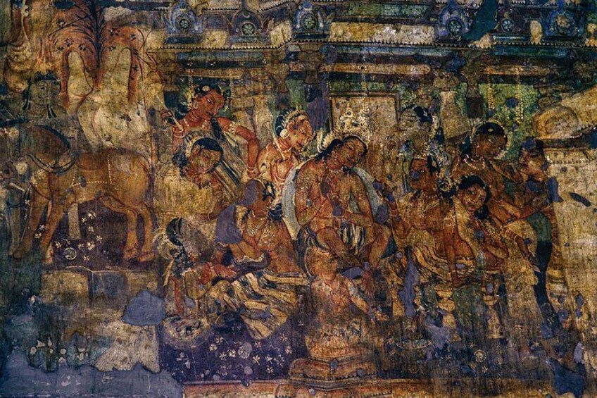Ein detailliertes Wandbild mit Figuren, architektonischen Elementen und Zierelementen. 1