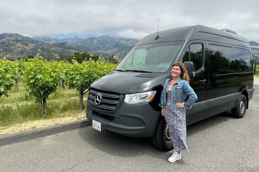 A black van parked on a road with a vineyard in the background. 1