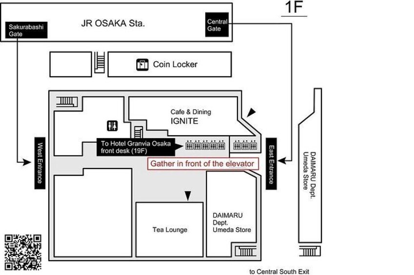A floor plan of JR Osaka Station with a central gate, coin locker, cafe, dining area, and various shops. 4