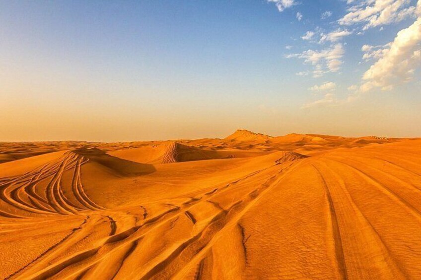 A desert landscape with sand dunes and tire tracks. 2