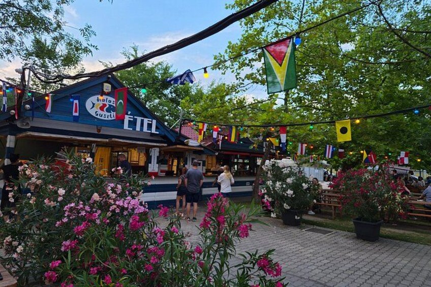 Ein Restaurant namens 'Hala's Gastst' mit Außenbereich, umgeben von Blumentöpfen und Blumen. 4