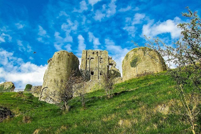 A historical stone structure with two large cylindrical towers, surrounded by green grass and trees under a blue sky. 3