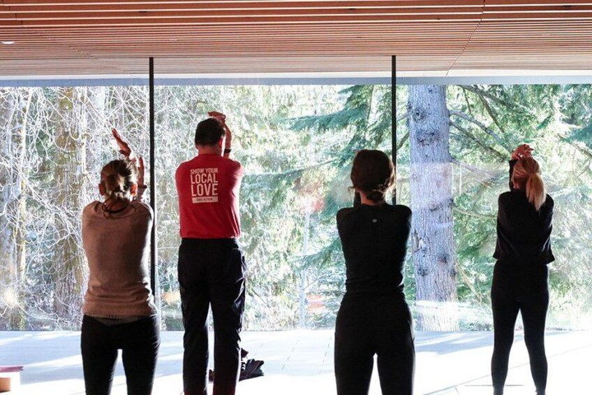 Four people performing a yoga pose in a room with a large window overlooking trees. 5