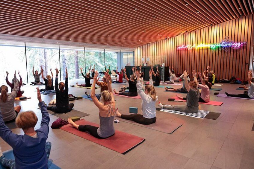 A group of people in a yoga class, seated on mats in a room with wooden slats on the ceiling and large windows. 4