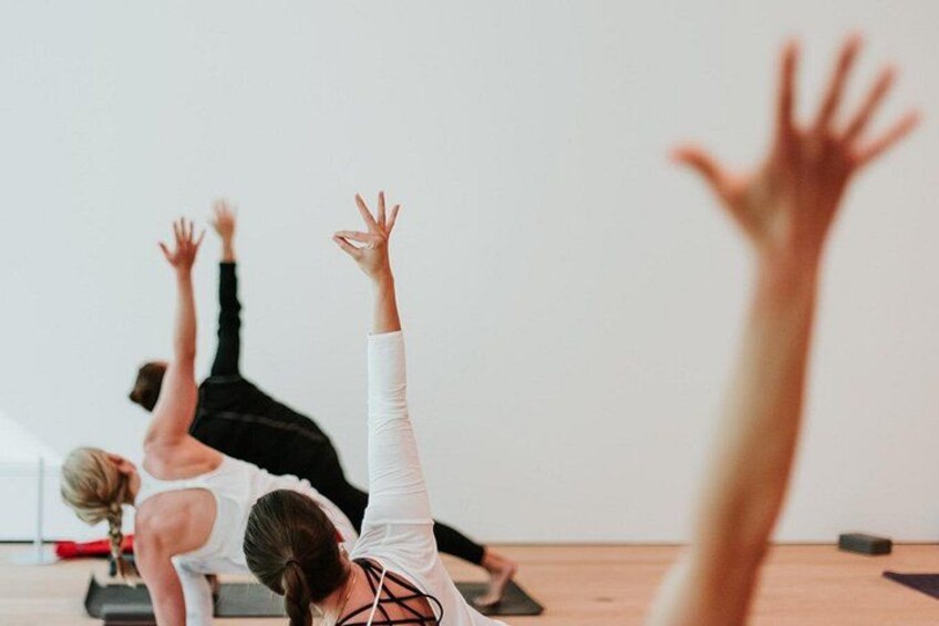 Un groupe de personnes participe à un cours de yoga et effectue différentes postures sur des tapis. 1
