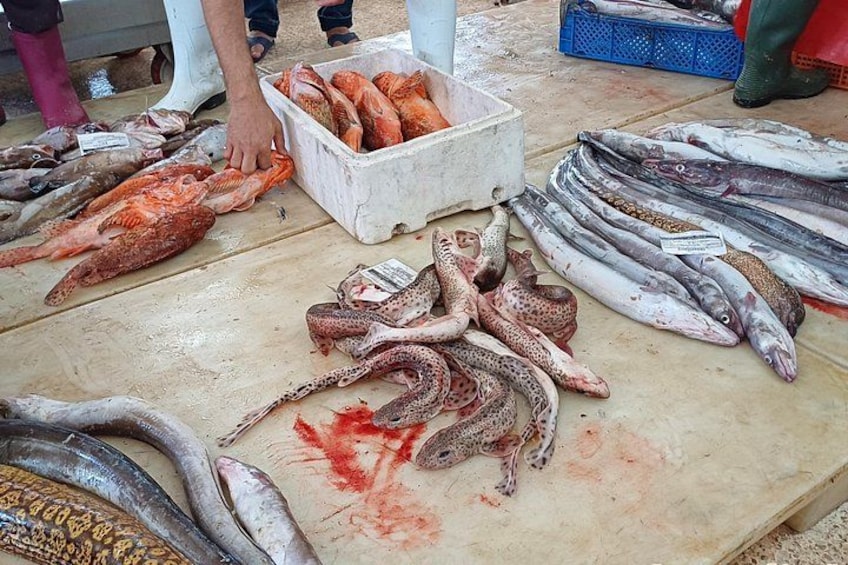 Diverse vissoorten uitgestald op een marktkoopmanstafel. 3