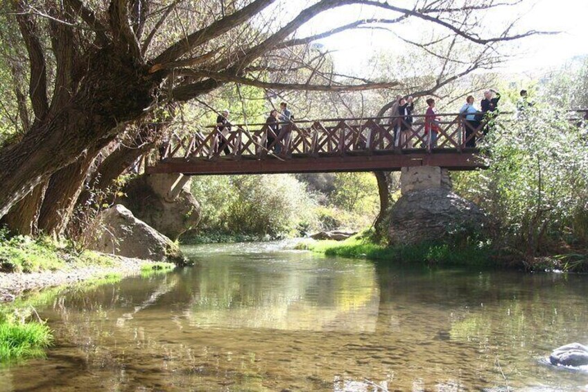 A wooden bridge over a river with people walking on it. 3