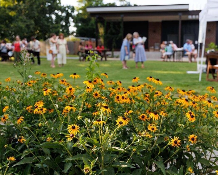 A garden with yellow flowers in the foreground and people in the background. 1