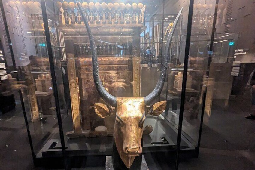 A glass display case with a large horned sculpture. 3