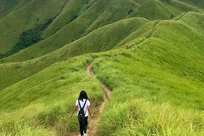 A solo hiker walks along a narrow trail atop the rolling green hills of Alicia Panoramic Park in Bohol, Philippines. The landscape offers a stunning view of natural ridges and peaks stretching into th 5