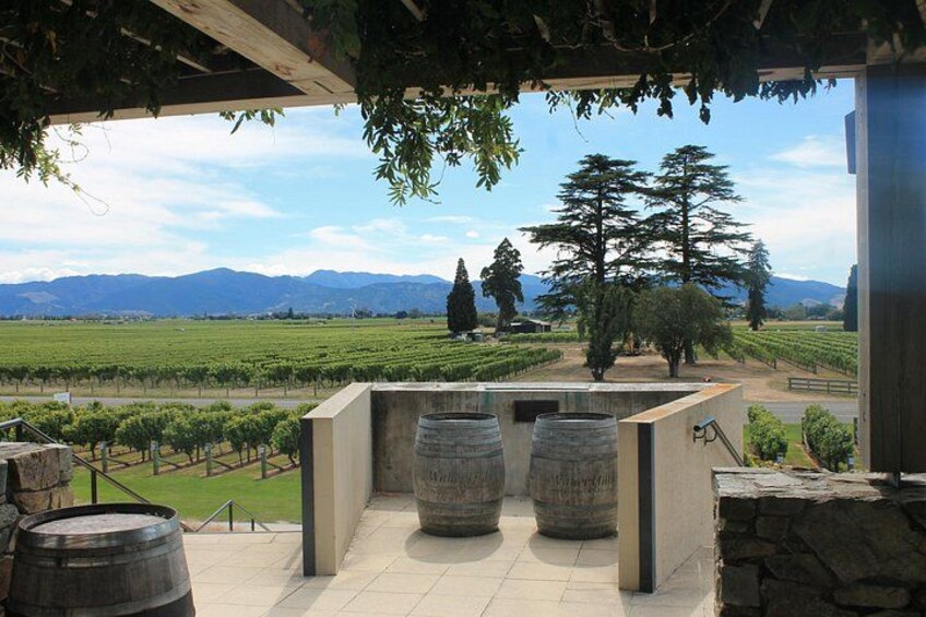 A vineyard with barrels, a stone wall, and a view of mountains and trees. 5