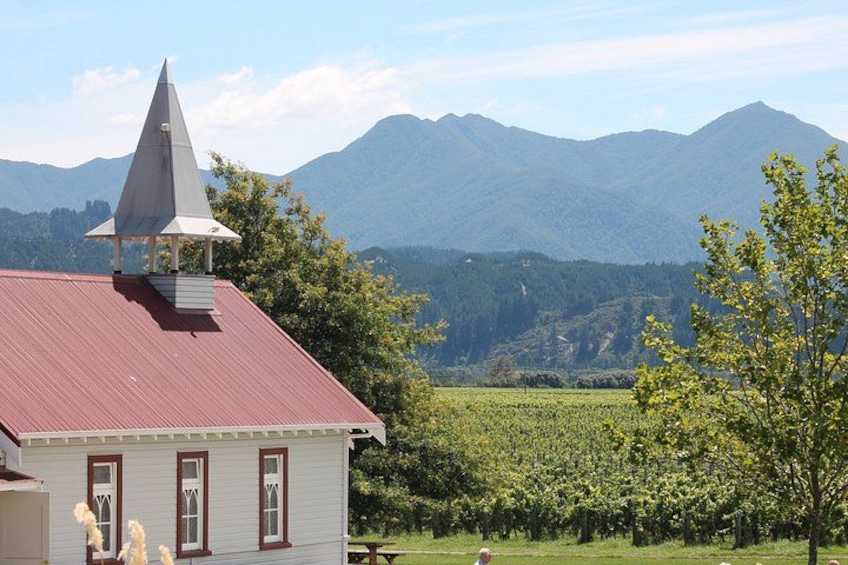 A house with a red roof and a white facade, a bell tower, and a vineyard in the background. 4