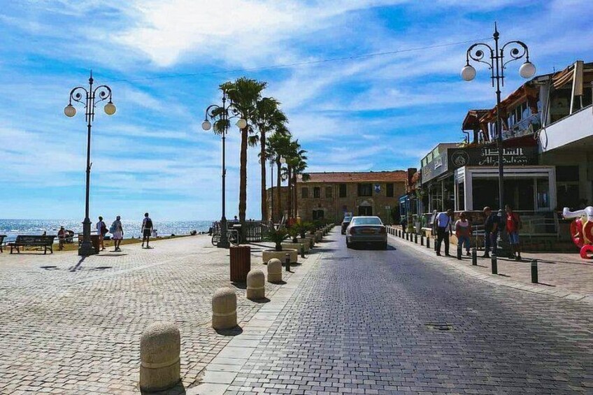 A paved promenade with bollards, palm trees, and buildings with shops. 4
