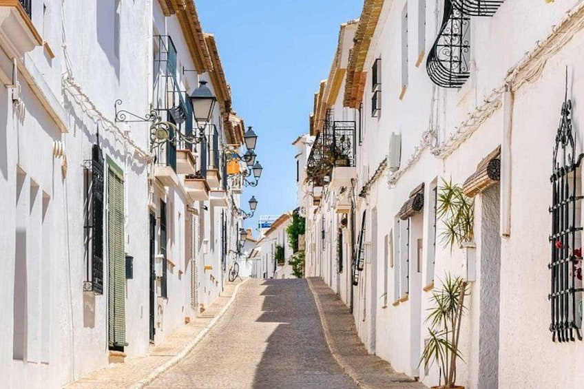 A narrow cobblestone street lined with white buildings, some with balconies and plants. 4