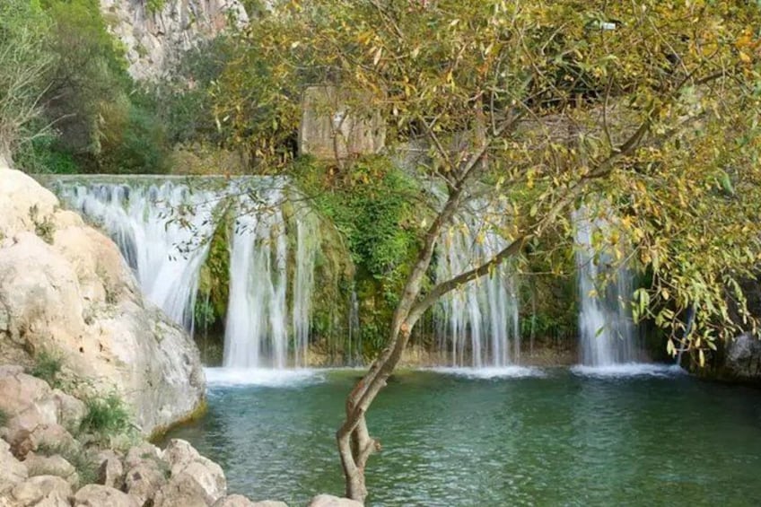 A waterfall cascading over rocks into a calm body of water, surrounded by trees and greenery. 1